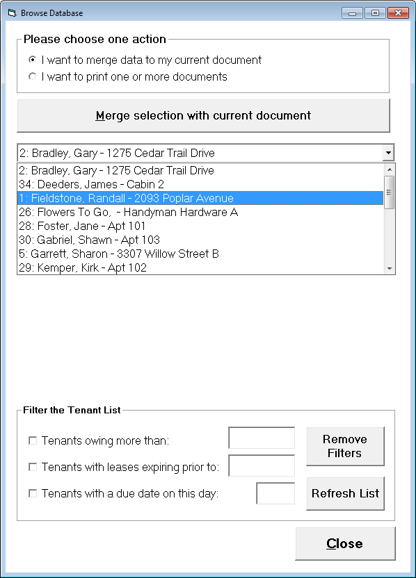Tenant File mail merge options