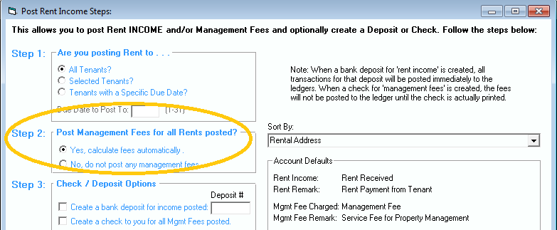 Posting management fees through the 'Post Rent' button