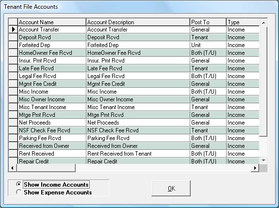 Tenant File Chart of Accounts
