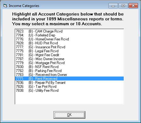 Tenant File 1099 MISC Income Categories