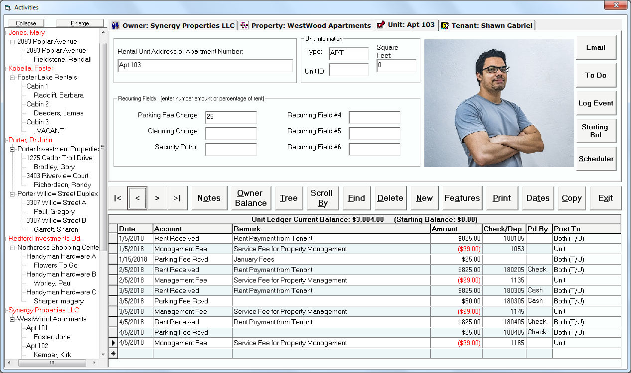 Tenant File Software Program Activities Screen
