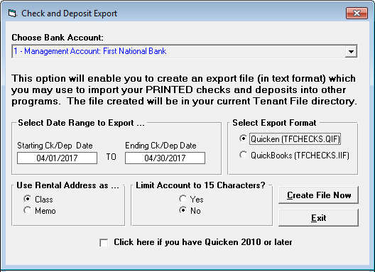 Tenant File Check / Deposit Export
