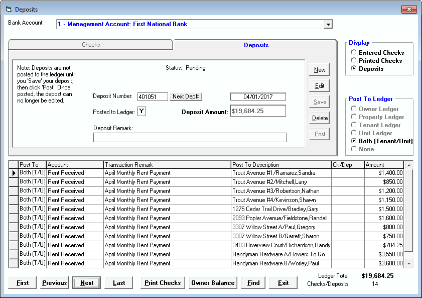 Tenant File Deposit Entry Screen