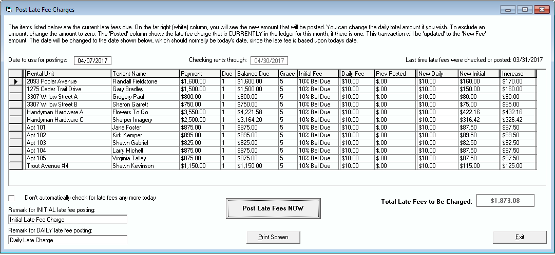 Tenant File Late Fee Charge Screen of Individual Posting