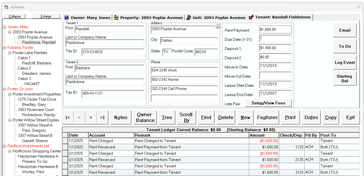 Tenant File Software Program Activities Screen